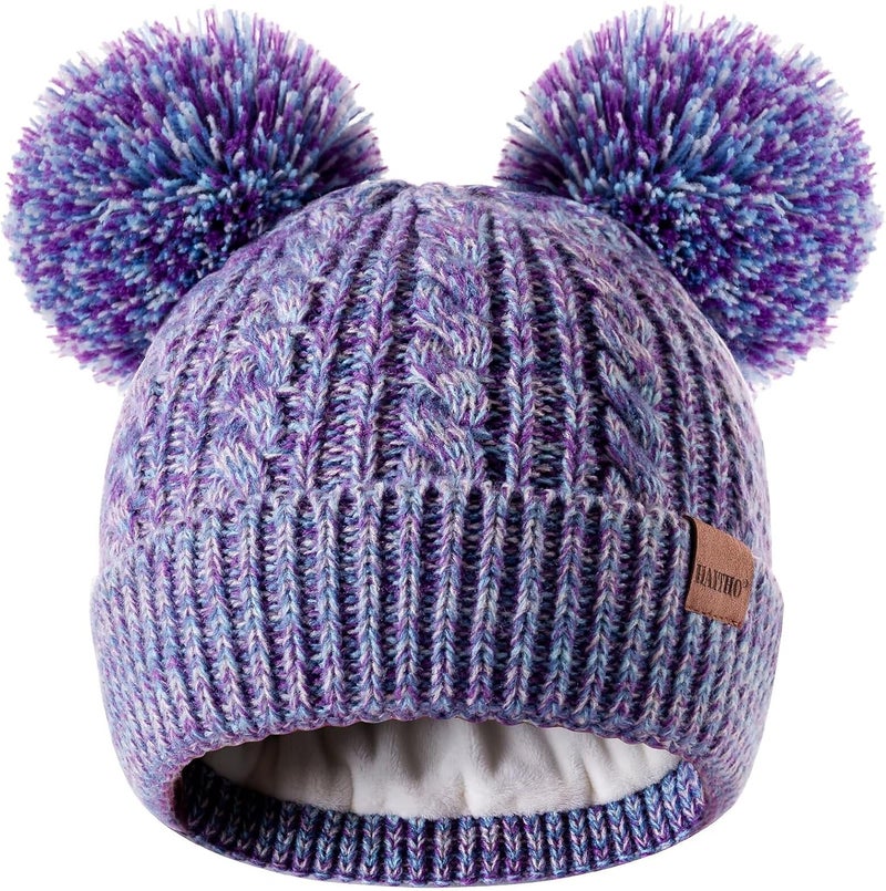 HAITHO Winter Hat for Kids Toddler Children, Girls Beanie with Double Pom Pom Warm Fleece Lined, Girls Accessories Knit Cap - Image 1